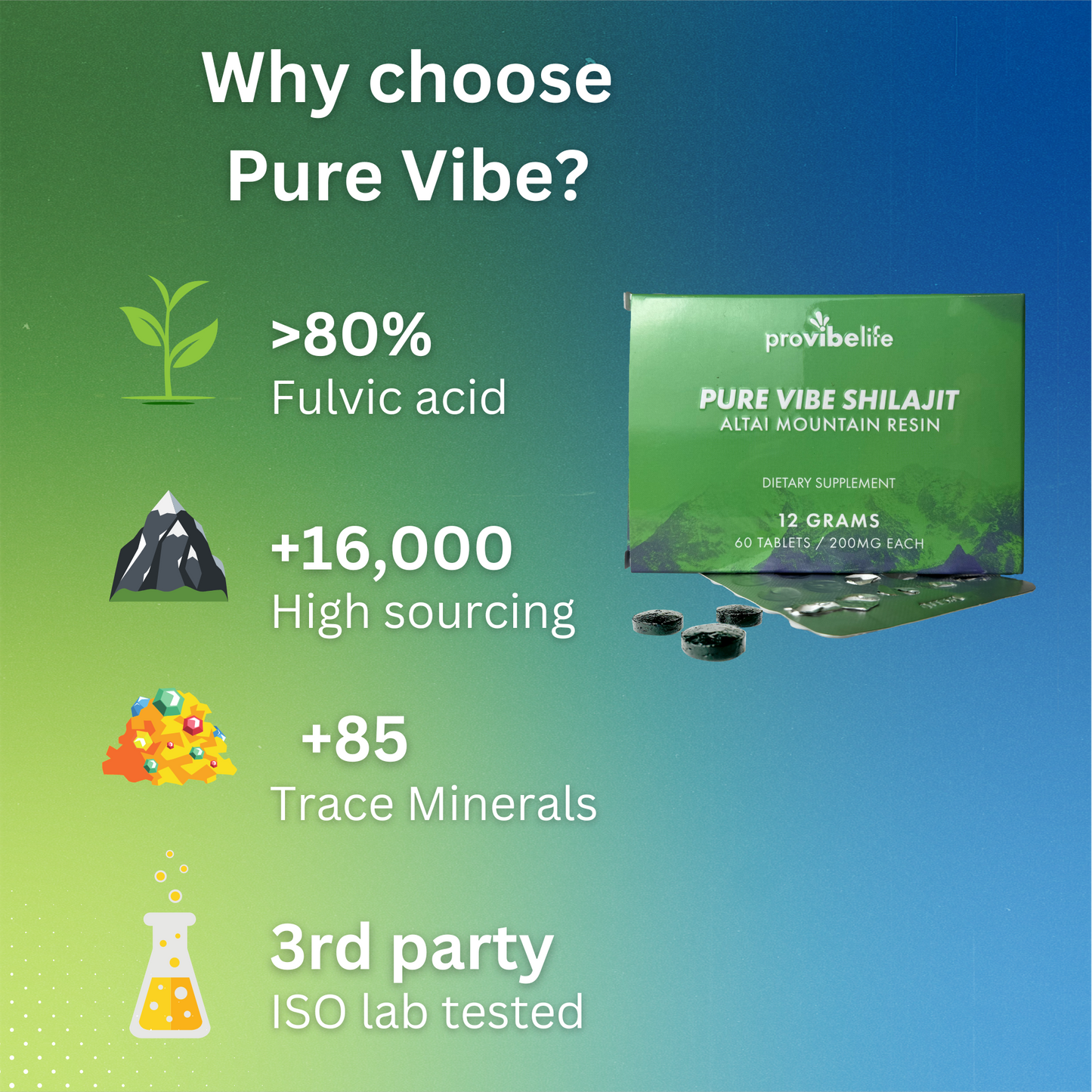 PURE VIBE Shilajit Tablets - 89% fulvic substances (12g, 24g, 48g)