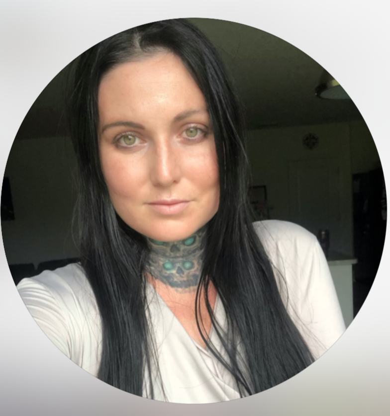 Circular profile picture of a woman with long dark hair and a white top, surrounded by app interface elements.